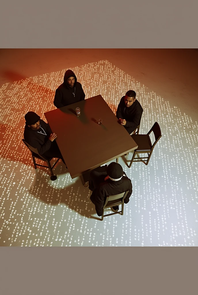 detailed urban rap group of 4 people sitting at a table, dark background, led lighting, japanese mafia-style artwork, cinematic, dramatic lighting, dark mood, gritty, moody, high contrast, hyper realistic, octane render, 8k, best quality