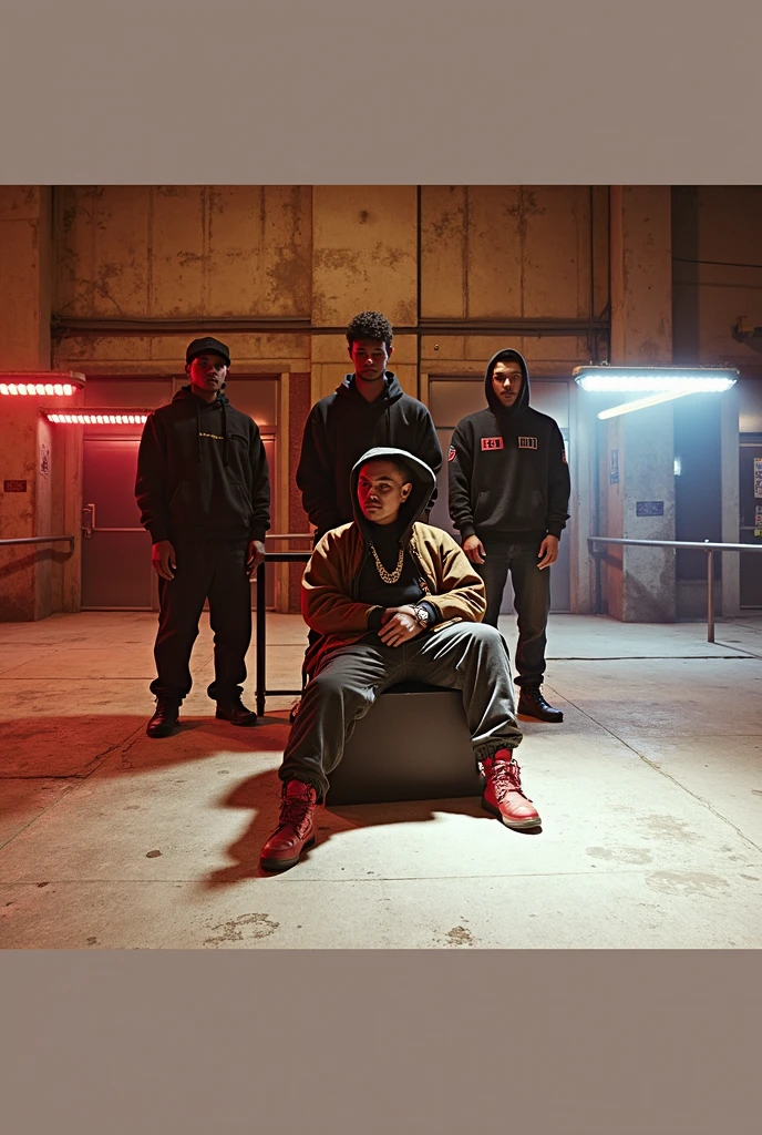 detailed urban rap group of 4 people sitting at a table, dark background, led lighting, japanese mafia-style artwork, cinematic, dramatic lighting, dark mood, gritty, moody, high contrast, hyper realistic, octane render, 8k, best quality