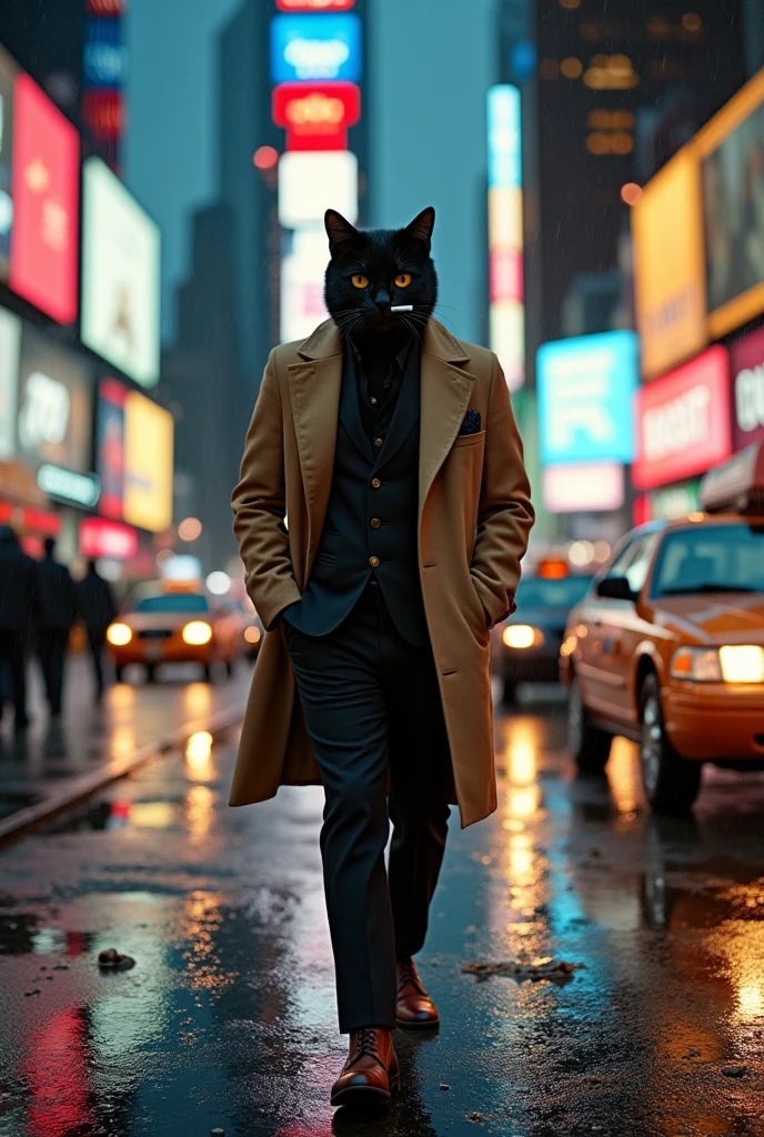 An animation of a humanized black cat, wearing a beige overcoat, a pair of dress pants and dress shoes, smoking a cigarette with one hand and the other in his pocket. Walking through the streets of a big city at night. The weather should be rainy and there should be cars and taxis nearby. The lights of the buildings should be on. The ground should have trash and puddles. 
