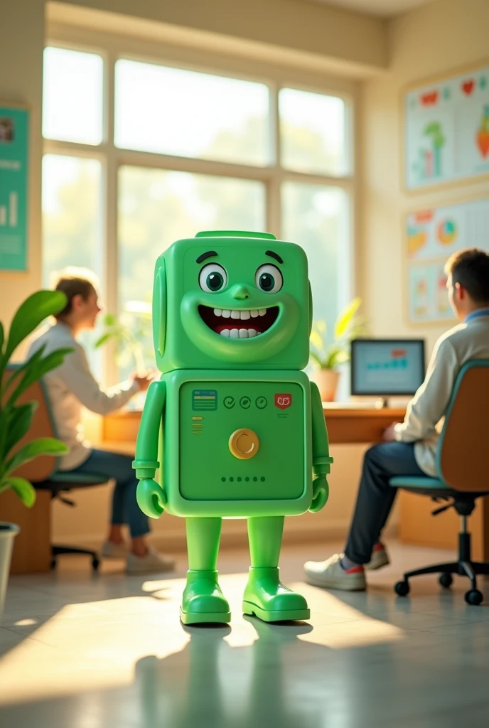 mascot, medical computer with green clothes, for a consultation clinic, glad , elucidating health