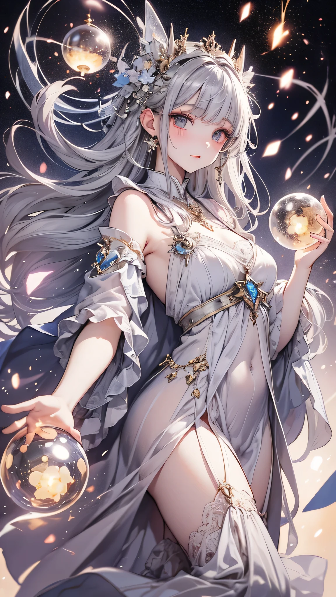 masterpiece, wonderful, single, 1 person, Beautiful woman, Young people, teenager, Wizard, Slimming, Fairy, Silver Hair, Long Hair, Gray pupils, Floating ball of light, white Robe, Robe, relax, Desert detailed background