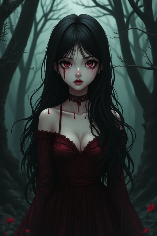 Vampire girl with chocolate brown eyes and long dark brown hair and she doesn't have bangs. She's slightly eerie and against the backdrop of the dark forest. Small eyes and small heart-shaped lips. The girl is covered in blood. It's in the style of goth and tim bertchen.ukiyo-e, anime style, SHE HAS NO BANGS. Covered in blood and looks terrifying. She's pale and about . Anime style ANIME STYLE. Multifaceted Style of the Girl