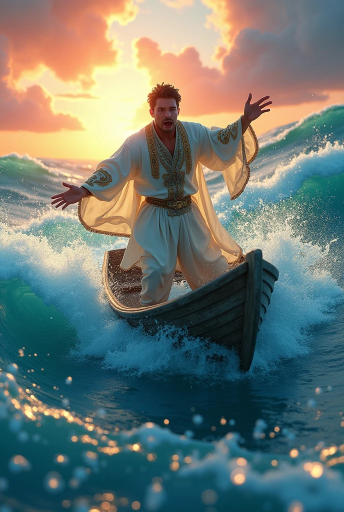 A man falling scene on the sea from a small boat, 3d animated, fantasy and cinematic.
