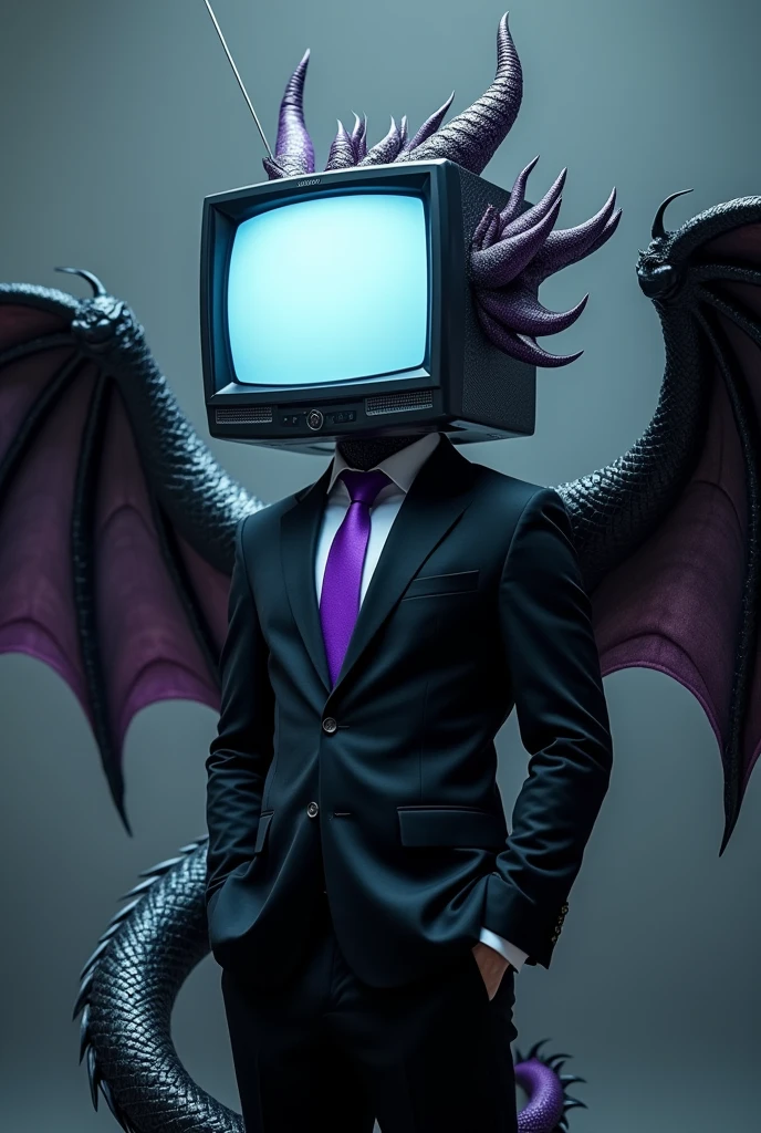 A man with tv head, blank screen and Ying yang colored sea dragon ears, 1 horn and 1 antena. Using a black suit and purple tie. Black and white colored dragon wings and purple tail, fierce