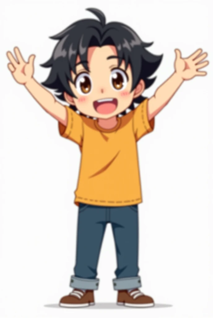 A simple 2d anime men character standing with black hair brown eyes hand in explaining gesture full body no background