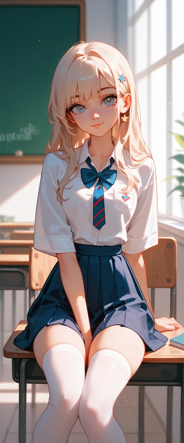 score_9_up, score_8_up, score_7_up, 1 girl, teenager, , lewd, Russian, schoolgirl, cute face, hot, high white stockings, medium thighs, (beautiful), (masterpiece), very aesthetic, best quality, expressive eyes, perfect face
