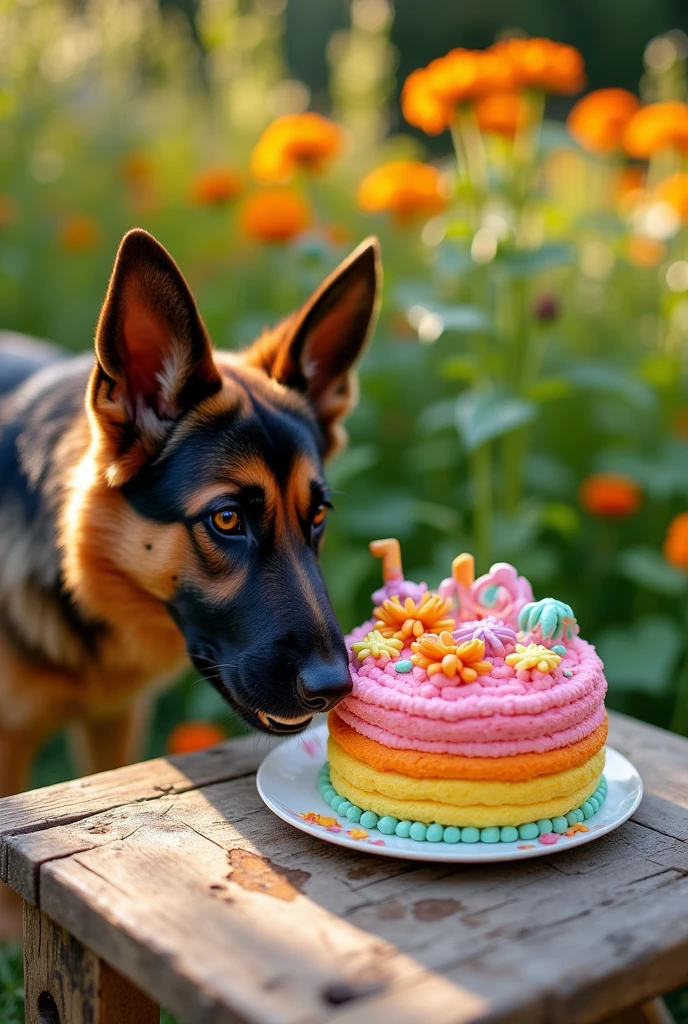 Real photo of a German Shepherd starting an Amsualef cake