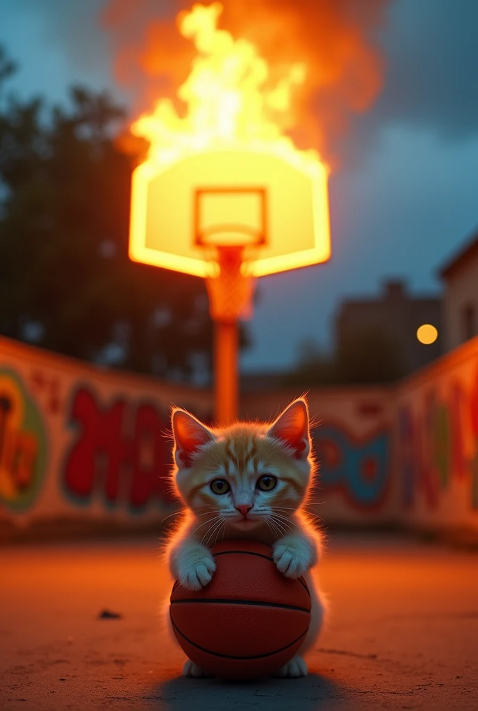 Basketball hoop on fire and a cat with cute eyes holding the basketball
