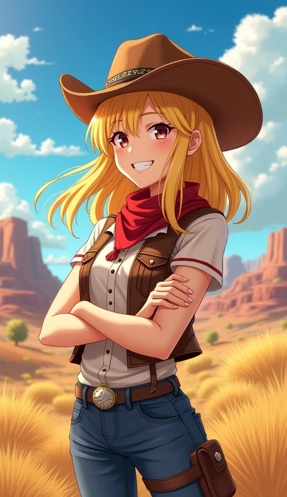One person, chest, smile, Blonde, 大きなchest, Cowboy Shot, anime, High resolution, 最high quality, high quality, Textured skin, Shortcuts, 