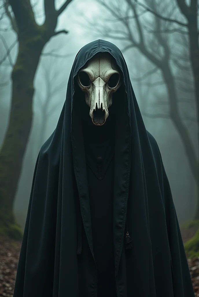 Head skull of dog with black cloak hood sitting 
