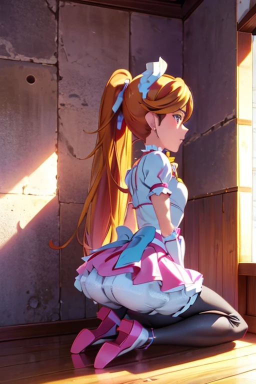 Cure Rhythm、Pretty Cure、Blonde、Long Hair、Medium chest、Jail、One girl、((Pantyhose with holes))、(boots)、ponytail、(Arms are chained)、Kneeling、(Black Pantyhose)