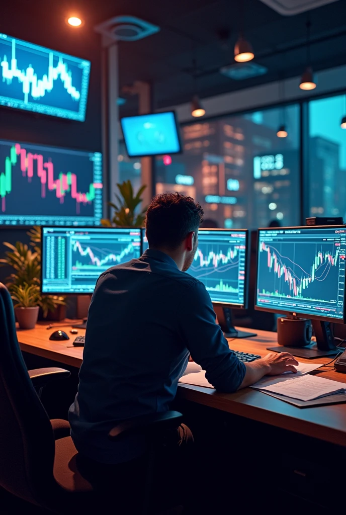 A forex trader sitting down trading, with a written word on the wall  Ukings forex institute 