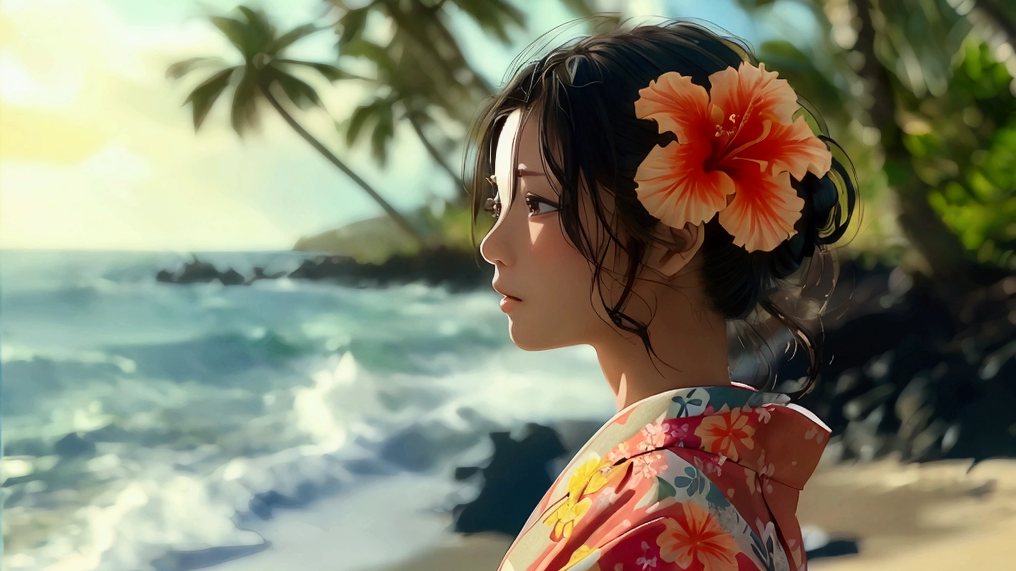 A Japanese woman in a kimono, with a small hibiscus flower in her hair, on a Hawaiian beach with palm trees.。Tropical South Seas、The summer sun is dazzling、Vacation mood、