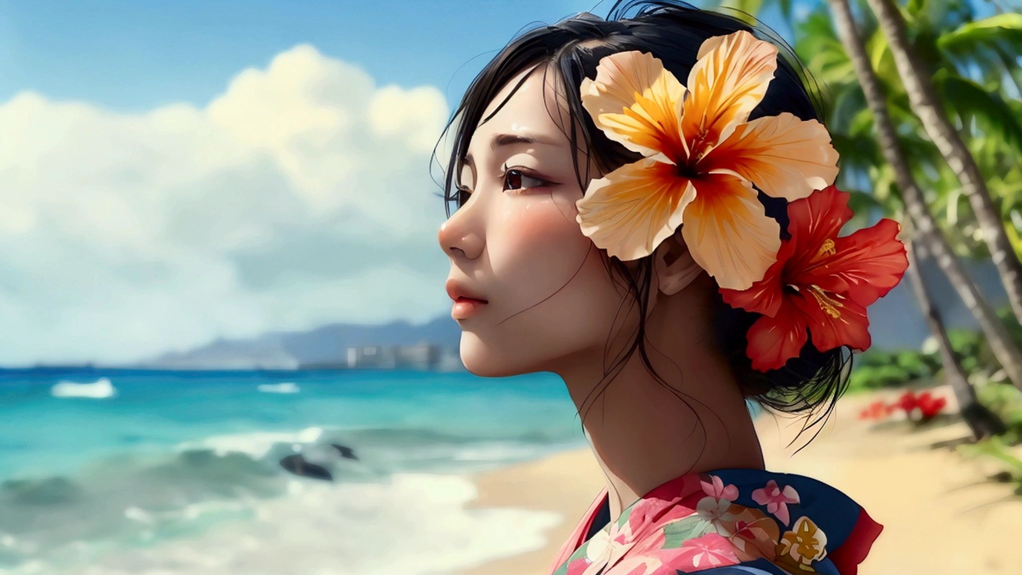 A Japanese woman in a kimono, with a small hibiscus flower in her hair, on a Hawaiian beach with palm trees.。Tropical South Seas、The summer sun is dazzling、Vacation mood、