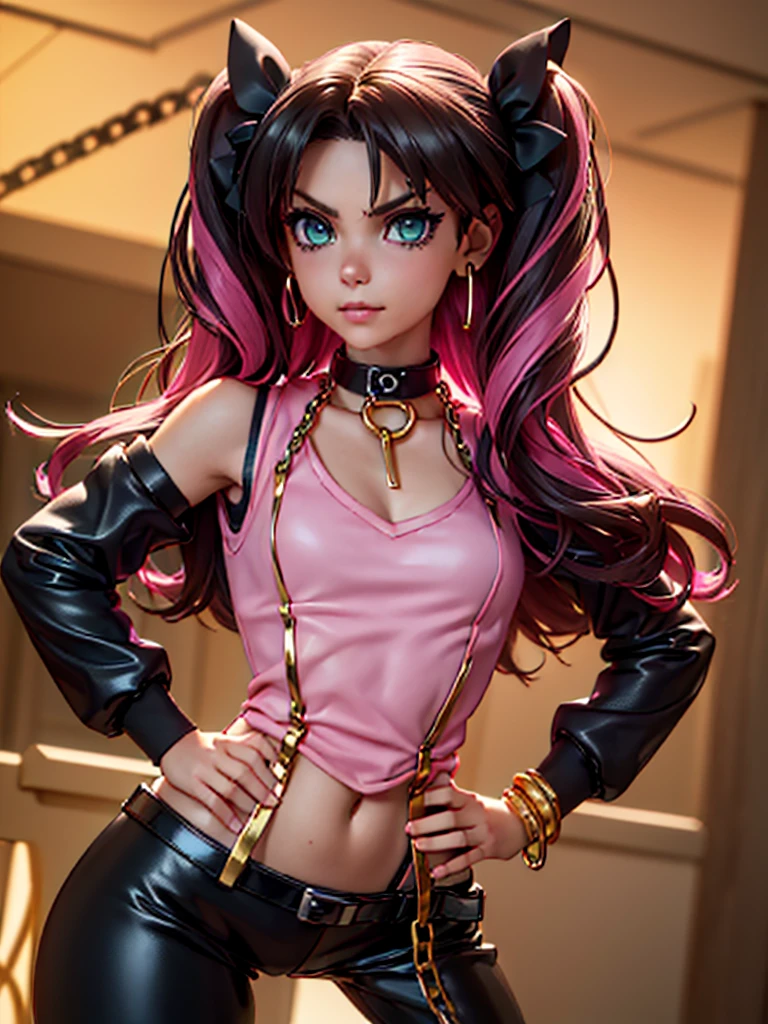 ((1 girl, standing alone , far away, Messy hair, hair green, yellow eyes, hair covering one eye, Woman, (one hand on the hip) , dynamic pose, muscular female, gold bracelets, ruby earrings)), Fitness, ((standing alone)), (pink lipstick), extremely detaild, soft ambient lighting, 4K, perfects eyes, a perfect face, perfect lighting), ((metalhead Woman, Punk Girl, balance Woman, gazing at viewer, ((pink micro blouse with chains and a sensual neckline)),smug 20-year-old smile, mine Black leather jacket open with spikes and long sleeves with exposed shoulders, open tummy, latex pants highlighting her swollen pussy with lust, well drawn and well defined, chains on clothes, chain belt in suspender style, high qualiy, 4K, High definition, bom detalhe, Small bust, balance,))