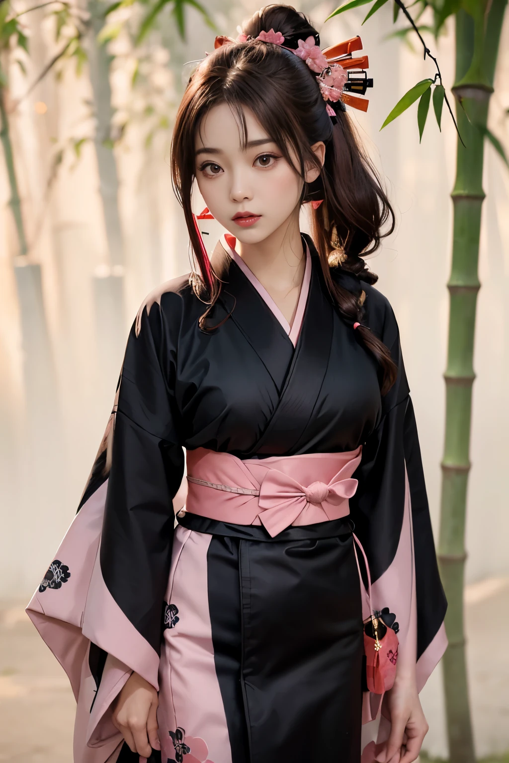 masterpiece, best quality, high resolution, Venus1, 1 woman, alone, Tsuko Kamato, ((Gag)), hair (brown), checkered belt, Gag, Gag, Gradient hair, hair ribbon, haori, japanese clothing, ((Black Kimono:1.2)), very short kimono, big , Long hair, big breast, looking at the audience, Multicolored hair, pink eyes, very short pink kimono, black outerwear, Pink ribbon, ribbon, alone, (((masterpiece)), forehead, Standing and posing, bamboo background, The way his cheeks swell is cute., tempting, open one's eyes wide, slim waist, sexy pose, slim tight,