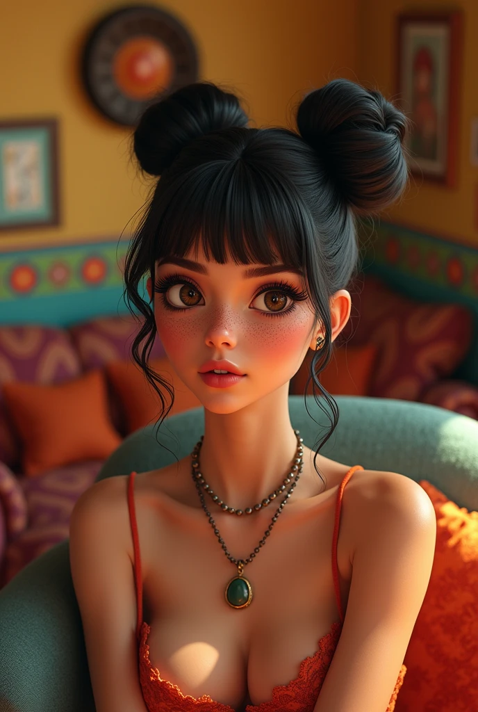 Mexican A beautiful pale-skinned Latina with freckles, full body, perfect body, two buns, straight bangs, (best quality,4k,8k,highres,masterpiece:1.2),ultra-detailed,(realistic,photorealistic,photo-realistic:1.37),HDR,UHD,studio lighting,ultra-fine painting,sharp focus,physically-based rendering,extreme detail description,professional,vivid colors,bokeh,portraiture,glamour,sensual,alluring, in style of Carl Barks, full body portrait of character sitting in the living room