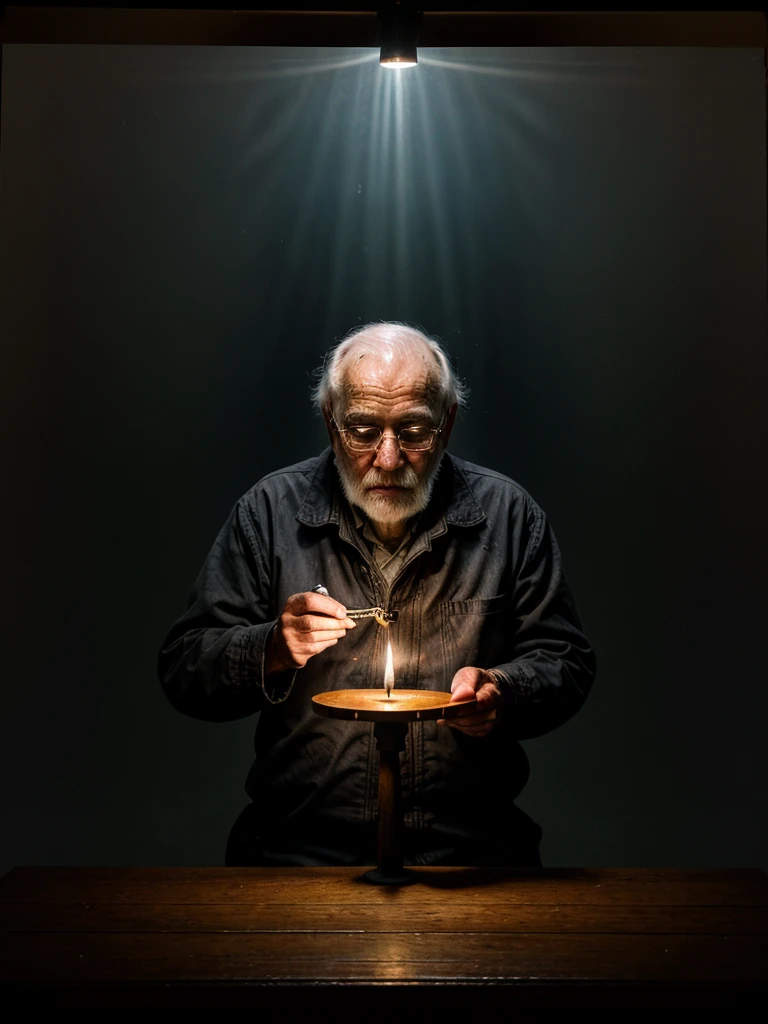 A scene in the painting style of Jan Matejko showing an old man sitting at a wooden table and reading a papyrus scroll. The whole thing is immersed in darkness, the only source of light is a burning candle standing on the table, illuminating the old man's face. The whole thing has a mysterious and slightly dark atmosphere. The background is a dark, barely visible chamber.