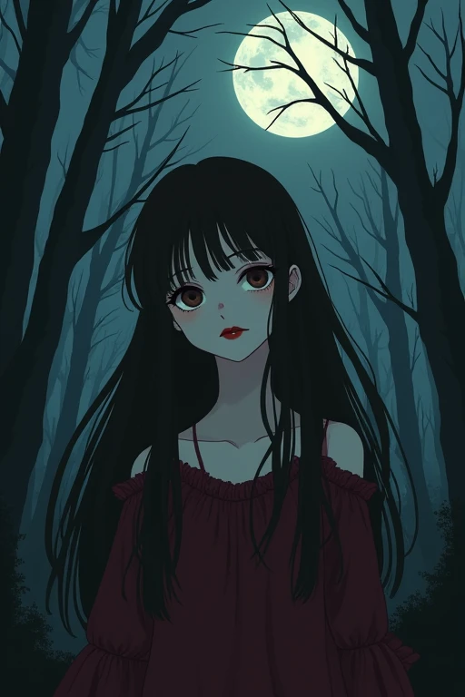 Vampire girl with chocolate brown eyes and long dark brown hair and she doesn't have bangs. She's slightly eerie and against the backdrop of the dark forest. Small eyes and small heart-shaped lips. The girl is covered in blood. It's in the style of goth and tim bertchen.ukiyo-e, anime style, SHE HAS NO BANGS. Covered in blood and looks terrifying. She's pale and about . Anime style ANIME STYLE. Multifaceted Style of the Girl