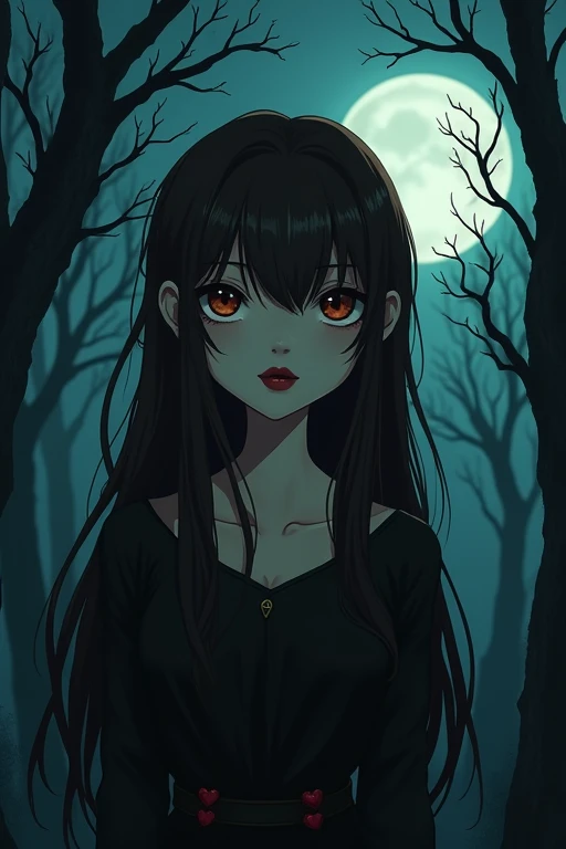 Vampire girl with chocolate brown eyes and long dark brown hair and she doesn't have bangs. She's slightly eerie and against the backdrop of the dark forest. Small eyes and small heart-shaped lips. The girl is covered in blood. It's in the style of goth and tim bertchen.ukiyo-e, anime style, SHE HAS NO BANGS. Covered in blood and looks terrifying. She's pale and about . Anime style ANIME STYLE. Multifaceted Style of the Girl