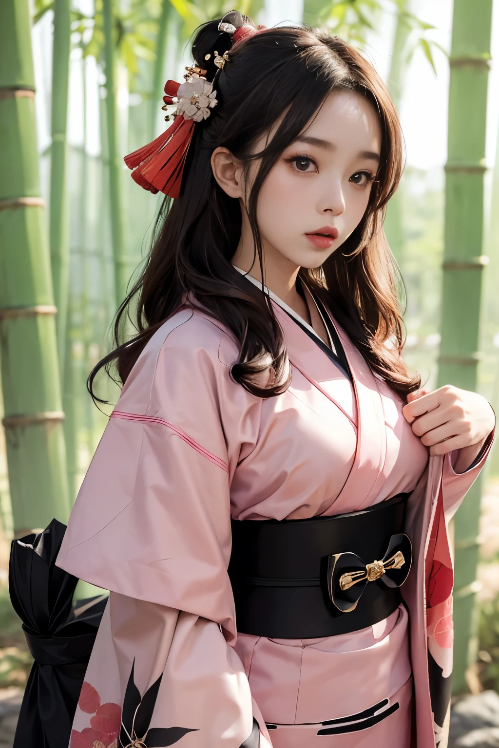 masterpiece, best quality, high resolution, Venus1, 1 woman, alone, Tsuko Kamato, ((Gag)), hair (brown), checkered belt, Gag, Gag, Gradient hair, hair ribbon, haori, japanese clothing, ((Black Kimono:1.2)), very short kimono, big , Long hair, big breast, looking at the audience, Multicolored hair, pink eyes, very short pink kimono, black outerwear, Pink ribbon, ribbon, alone, (((masterpiece)), forehead, Standing and posing, bamboo background, The way his cheeks swell is cute., tempting, open one's eyes wide, slim waist, sexy pose, slim tight,