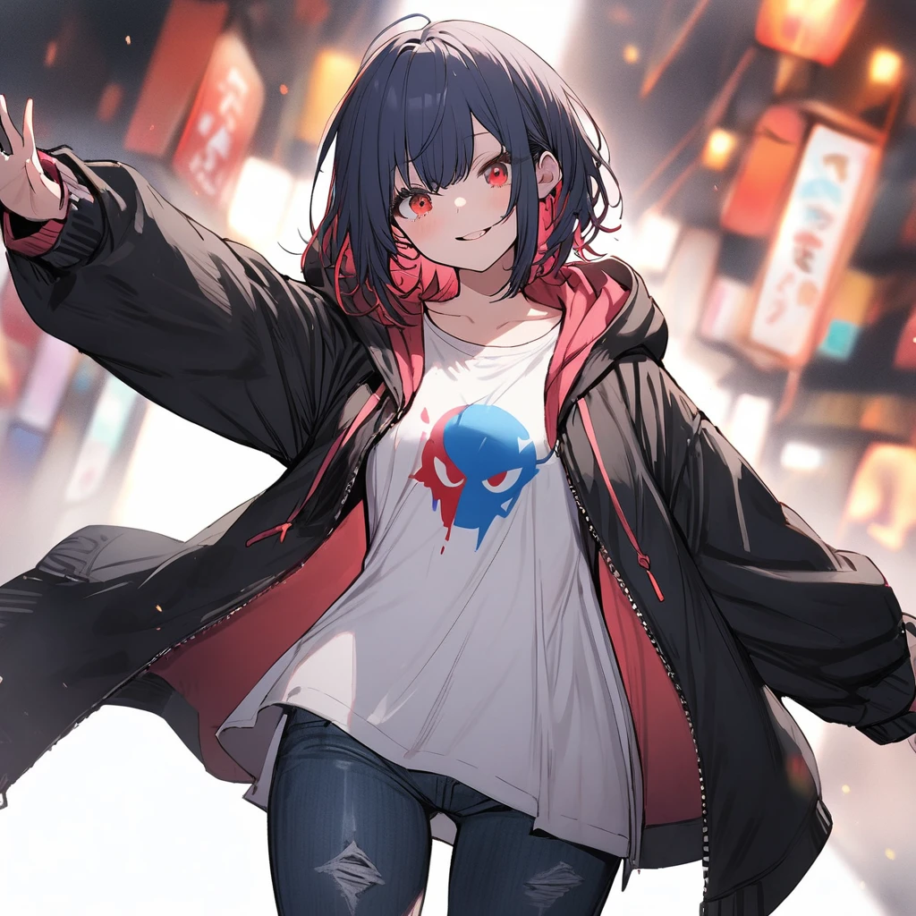1girl, White shirt, open jacket, extra large shirt, jeans, black jacket, half pink hair, half blue hair, half and half, white streaks, red eyes, short hair, long hoodie, turtleneck, long jacket