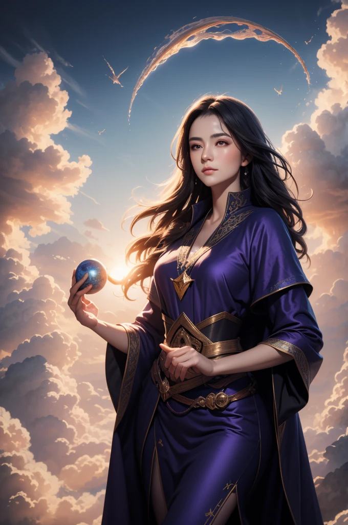 (masterpiece, fine, beautiful eyes:1.2), ultra-detailed, illustrated, mysterious witch in deep purple robe, surrounded by swirling cloud of arcane magic, detailed background, realistic:2, volumetric light, sunlight, light, sky, clouds