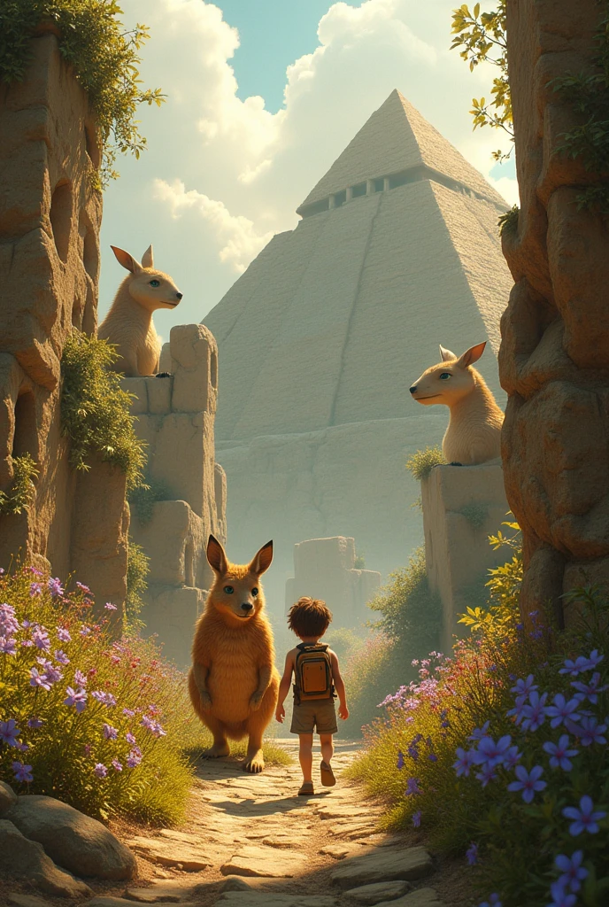 Young adult boy and giant kangaroo mother exploring the ruins of Queen Gazelle's dragon pyramids. not Disney Pixar style.