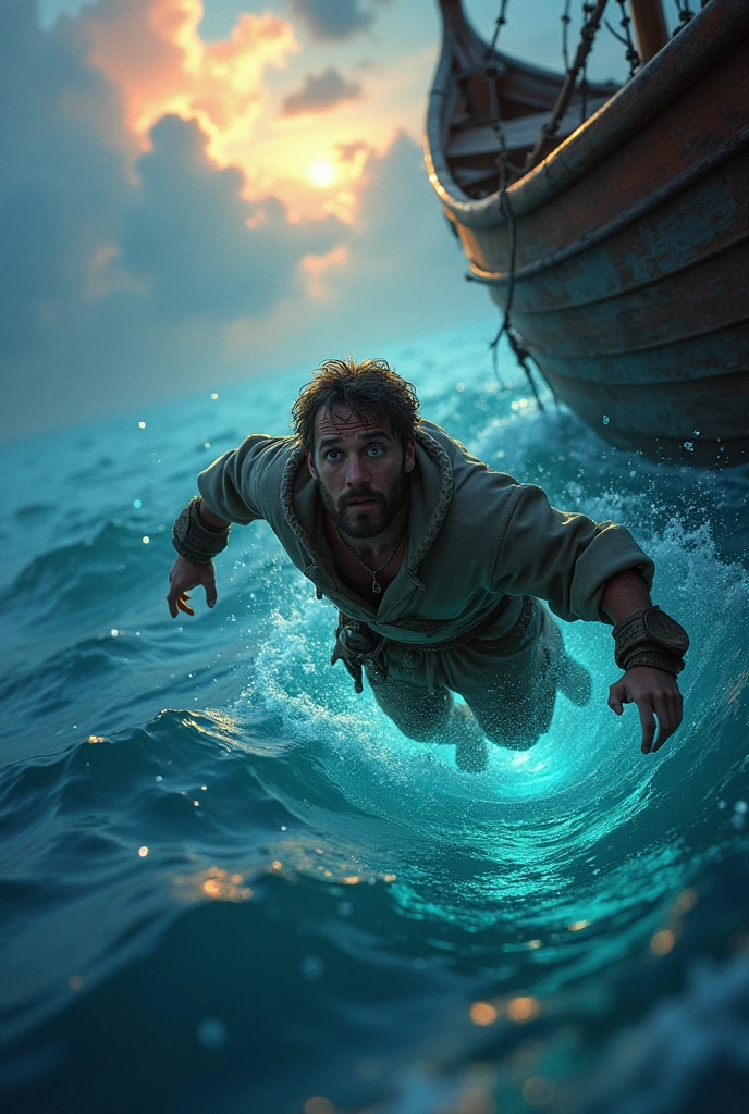 A man falling scene on the sea from a small boat, 3d animated, fantasy and cinematic.