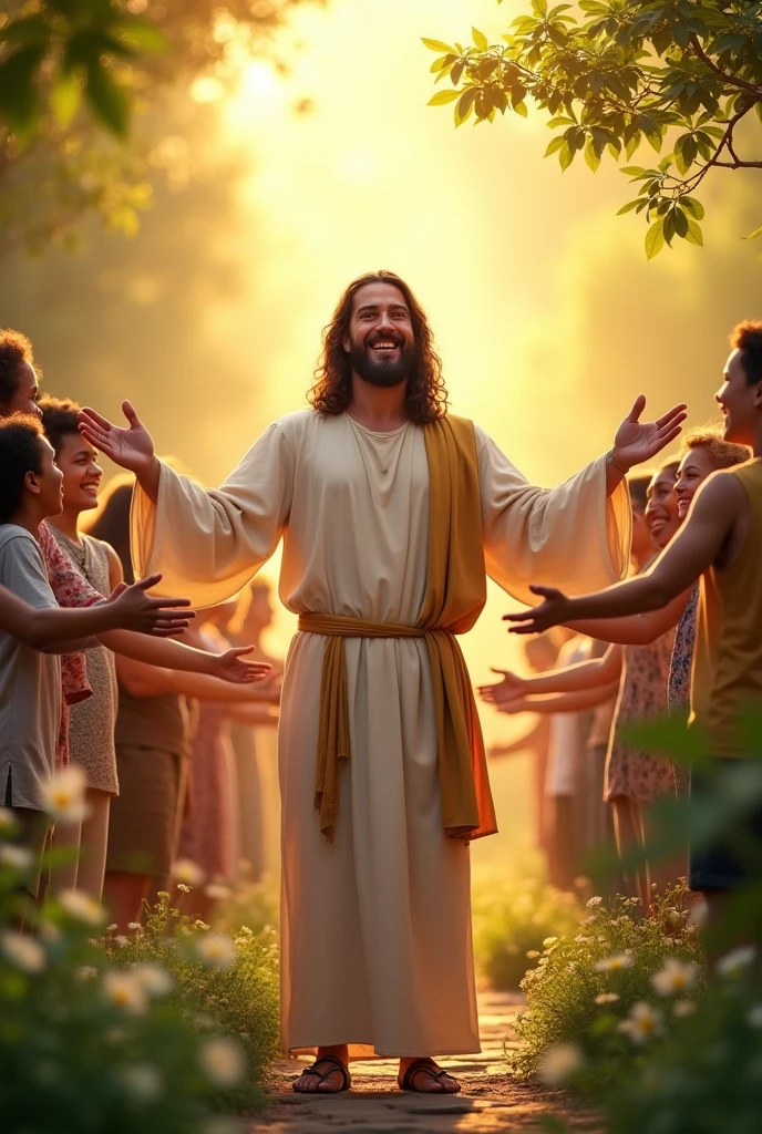 Jesus Christ smiling with outstretched hands as if he were holding something, with young people at his side, also with outstretched hands 