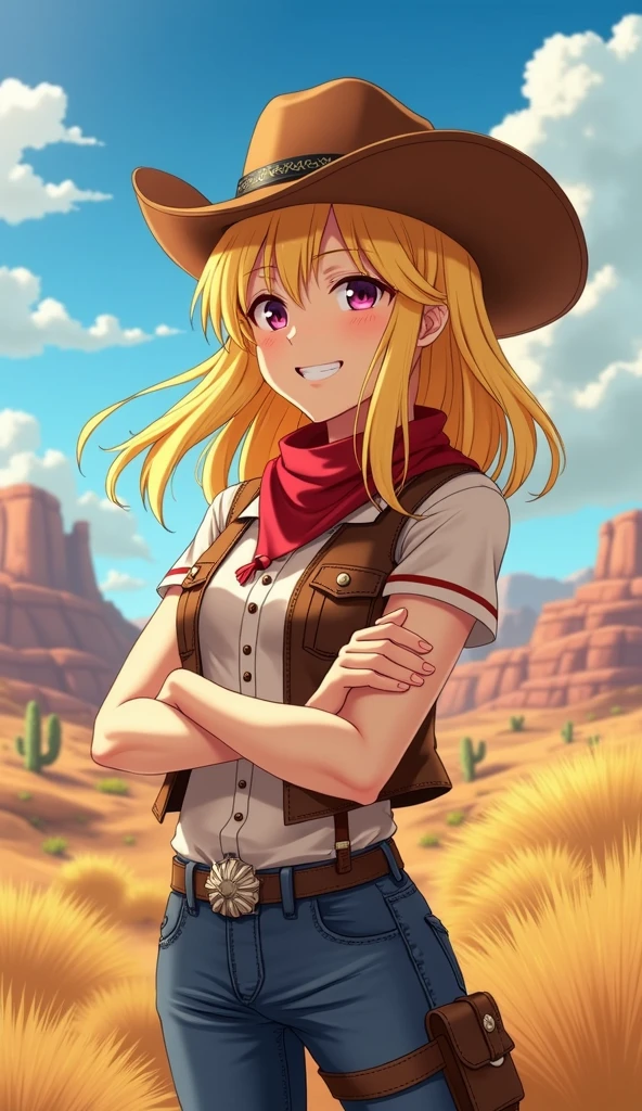 One person, chest, smile, Blonde, 大きなchest, Cowboy Shot, anime, High resolution, 最high quality, high quality, Textured skin, Shortcuts, 
