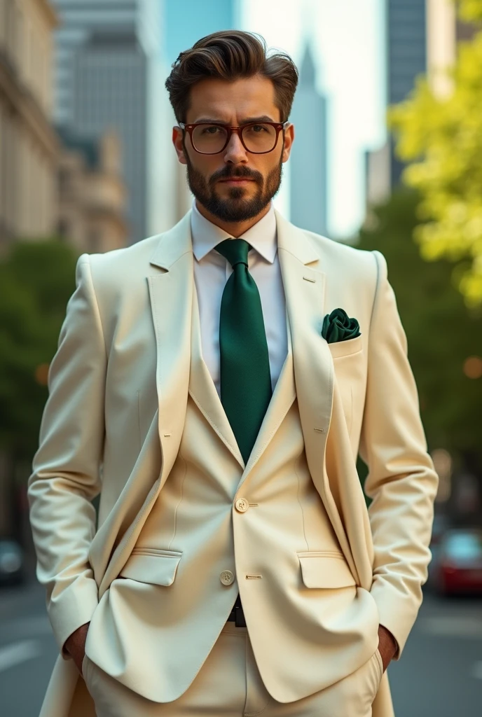 A man with cream colored coat and pants with emerald green necktie and squarepocket
