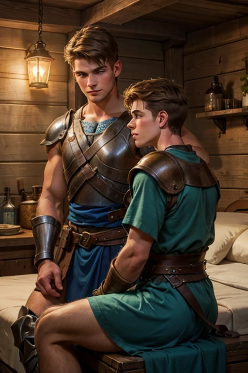 Photo-realistic. A pleased, -yeld, hsome, muscular Caucasian man with fade-cut, brown hair, and blue eyes, wearing shabby, sleeveless, leather armor, with metal shoulder guards, boasting, as he tells a dramatic story to a 15-year-o, l Caucan peasant man, with short, brown hair, and blue eyes, in a blue and green tunic, listening in wonder, sitting next to each other on a simple bed, in a rustic inn room, at night.