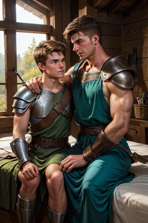 Photo-realistic. A pleased, 16-year-old, handsome, muscular Caucasian man with fade-cut, brown hair, and blue eyes, wearing shabby, sleeveless, leather armor, with metal shoulder guards, boasting, as he tells a dramatic story to a 15-year-old, lean, Caucasian peasant man, with short, brown hair, and blue eyes, in a blue and green tunic, listening in wonder, sitting next to each other on a simple bed, in a rustic inn room, at night.