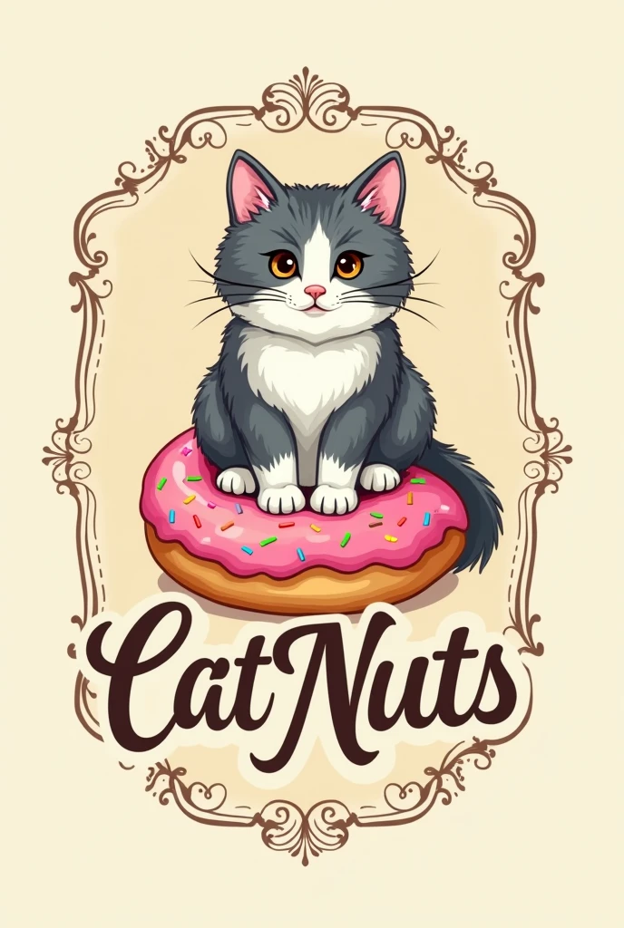 Create a vintage logo with the name CatNuts below the Donuts with a Donut and a gray and white cat on top vintage 
