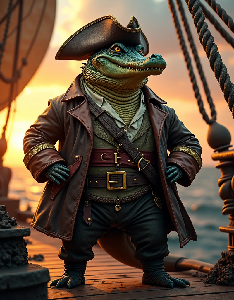 a fat alligator as a pirate on his pirate ship, digital art style, highly detailed, cinematic lighting, dramatic colors, intricate details, beautifully textured, award winning concept art, hyper realistic, 8k, masterpiece