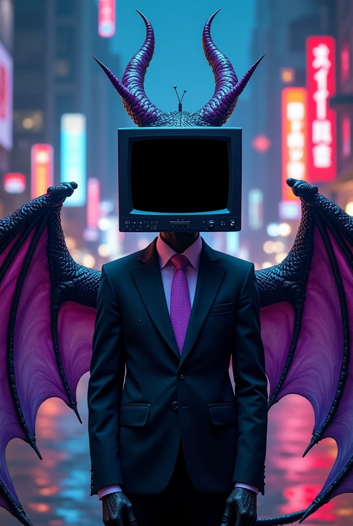 A man with tv head, blank screen and Ying yang colored sea dragon ears, 1 horn and 1 antena. Using a black suit and purple tie. Black and white colored dragon wings and purple tail, fierce