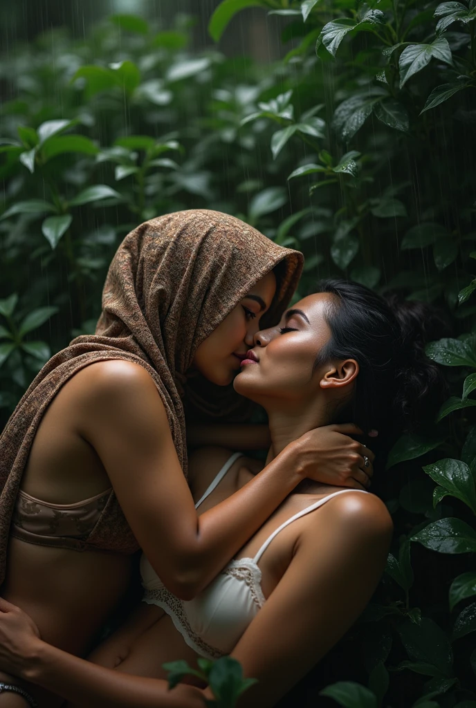 beautiful hijab indonesian lesbian girl laying down,bra and panties,hugging,french kiss,grope breast,view from far,,raining,view from above