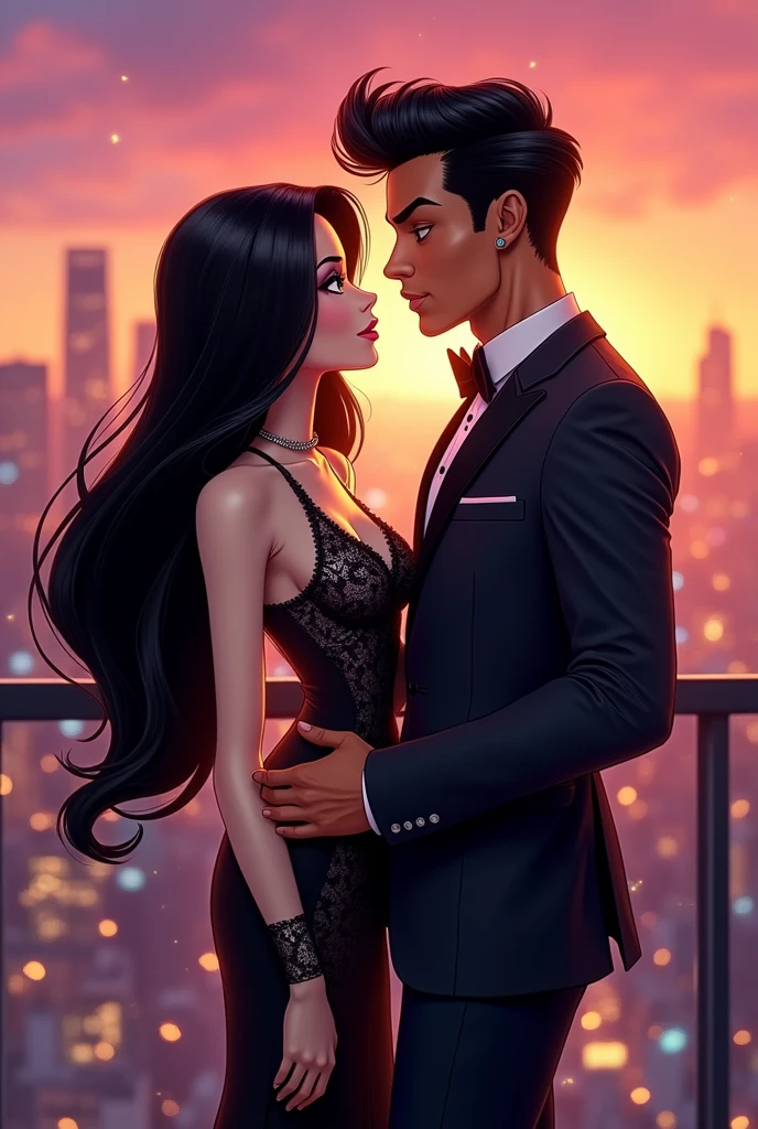 Couple with black hair, white-skinned woman and tanned man, Bratz animated style, dressed elegantly.