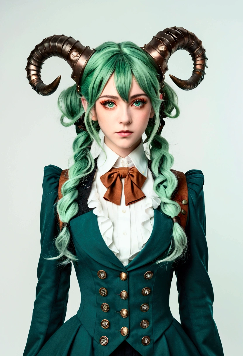 ((Live 2D))  masterpiece, 1 woman, whole body, stand upright, Steampunk clothing, military uniform, looking at viewer, detailed face, girl with green wavy hair, forehead, Metal double horns, gradient hair, multicolored hair, light green hair, Teal hair tips, wavy hair, gradient eyes, orange eyes, (simple background, white background: 1.3)