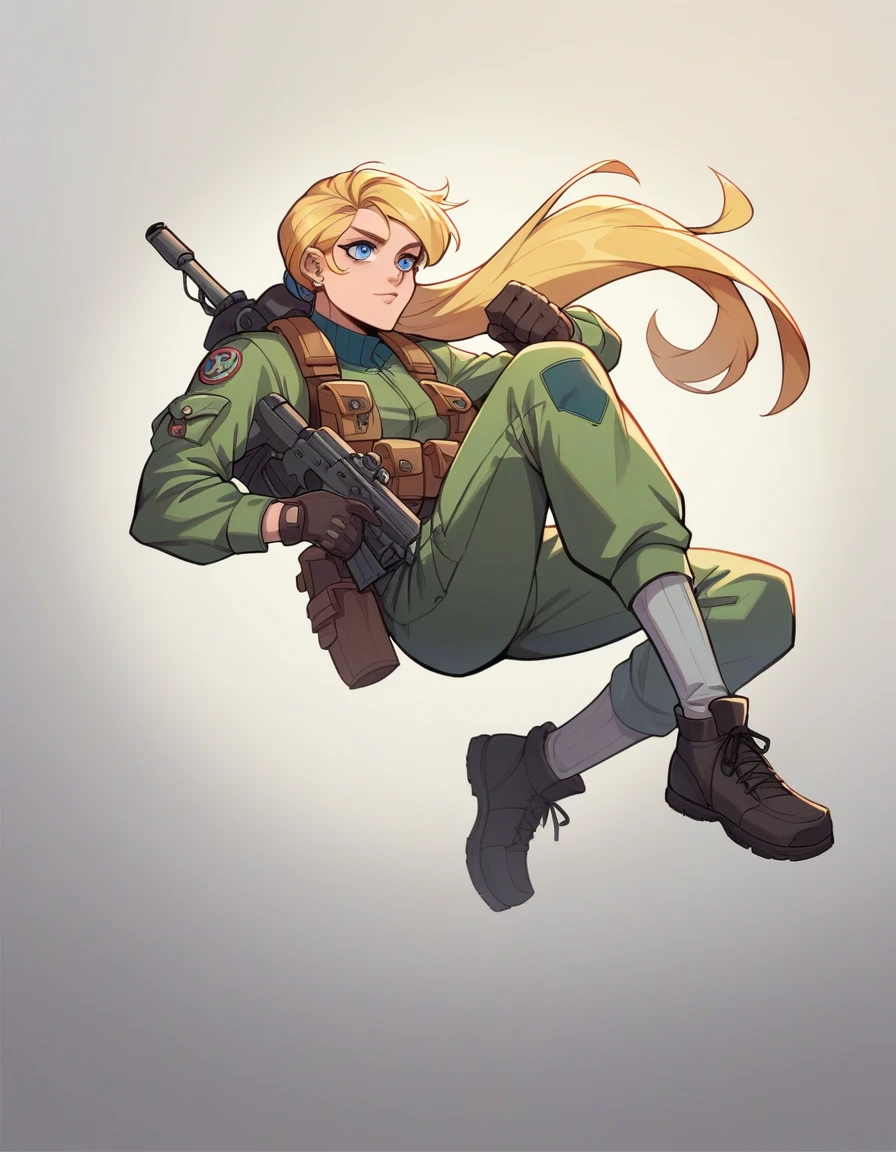 Athena bears a striking resemblance to Homelander, with blonde hair and piercing blue eyes, but her features are slightly softer, and she carries herself with an air of poise and control. She typically wears a sleek, tactical suit with a white, gold, and blue color scheme, echoing Homelander's outfit but more understated. Her suit is designed for flexibility and speed, symbolizing her precision and agility in combat.