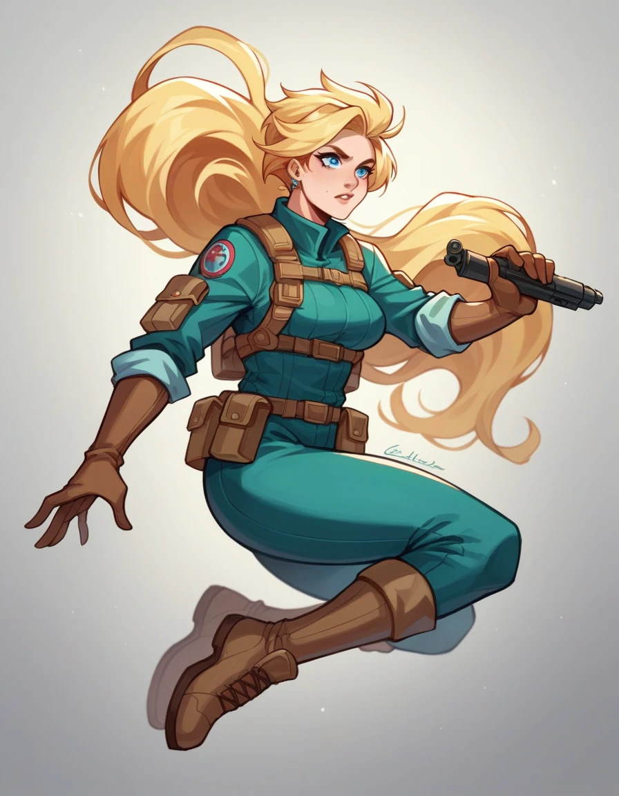 Athena bears a striking resemblance to Homelander, with blonde hair and piercing blue eyes, but her features are slightly softer, and she carries herself with an air of poise and control. She typically wears a sleek, tactical suit with a white, gold, and blue color scheme, echoing Homelander's outfit but more understated. Her suit is designed for flexibility and speed, symbolizing her precision and agility in combat.