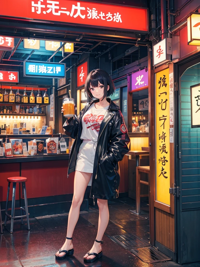 High resolution,Perfect Anatomy,Accurate anatomy,1 person ,Trending Hair,Trending Hair color,Trendy T-shirts,Summer Trend Fashion,Mr.々Style,Full Body
Future City Tokyo, comfortable, Modern Izakaya, Cheerfully holding a frosty mug of draft beer in both hands. she is smiling brightly, With a happy face. The city's neon lights and the izakaya's vibrant signboards are reflected in the glass windows. The girl has short black hair, Properly styled, and、Sporting a stylish jacket and shimmering accessories、Casual attire with a slight futuristic touch. The atmosphere around her is warm, Vibrant, and満ち溢れる喜び.