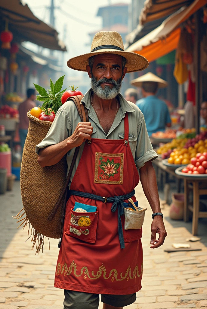 Image of a street vendor with a bag on his back in drawing