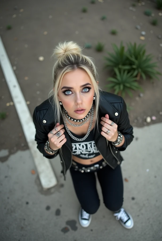 
russian woman, platinum blonde hair in top bun ,with very light blue eyes, very pale, heavy eye shadows. Big eyes, smeared make up. Wearing black moto jacket, cropped metal band t-shirt , black skinny jeans and white tennis sneakers. Lots of metallic braceles and collars. Tacky leather belt with oversized buckle. Wide loop earrings. On her knees, spread legs, she looks up in fear thinking she's seeing God. Arms hanging. Point of view: from above