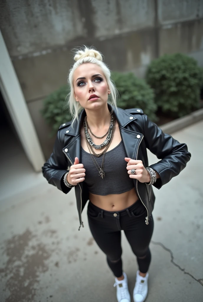 russian woman, platinum blonde hair in top bun ,with very light blue eyes, very pale, heavy eye shadows. Big eyes, smeared make up. Wearing black moto jacket, cropped metal band t-shirt , black skinny jeans and white tennis sneakers. Lots of metallic braceles and collars. Tacky leather belt with oversized buckle. Wide loop earrings. On her knees, spread legs, she looks up in fear thinking she's seeing God. Arms hanging. Point of view: from above