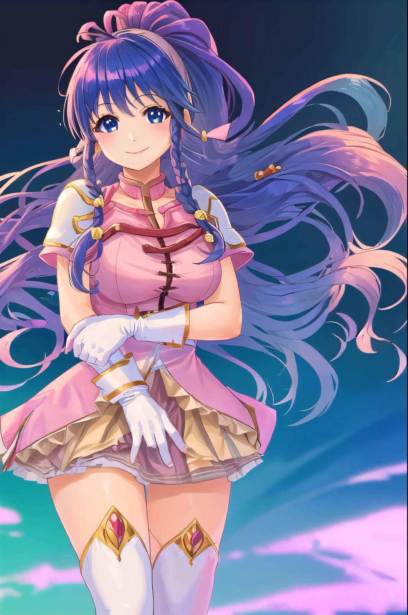 tana_fe, skirt, white thighhighs, white gloves, pauldrons, pink dress, 1girl, cowboy shot, gloves, smile