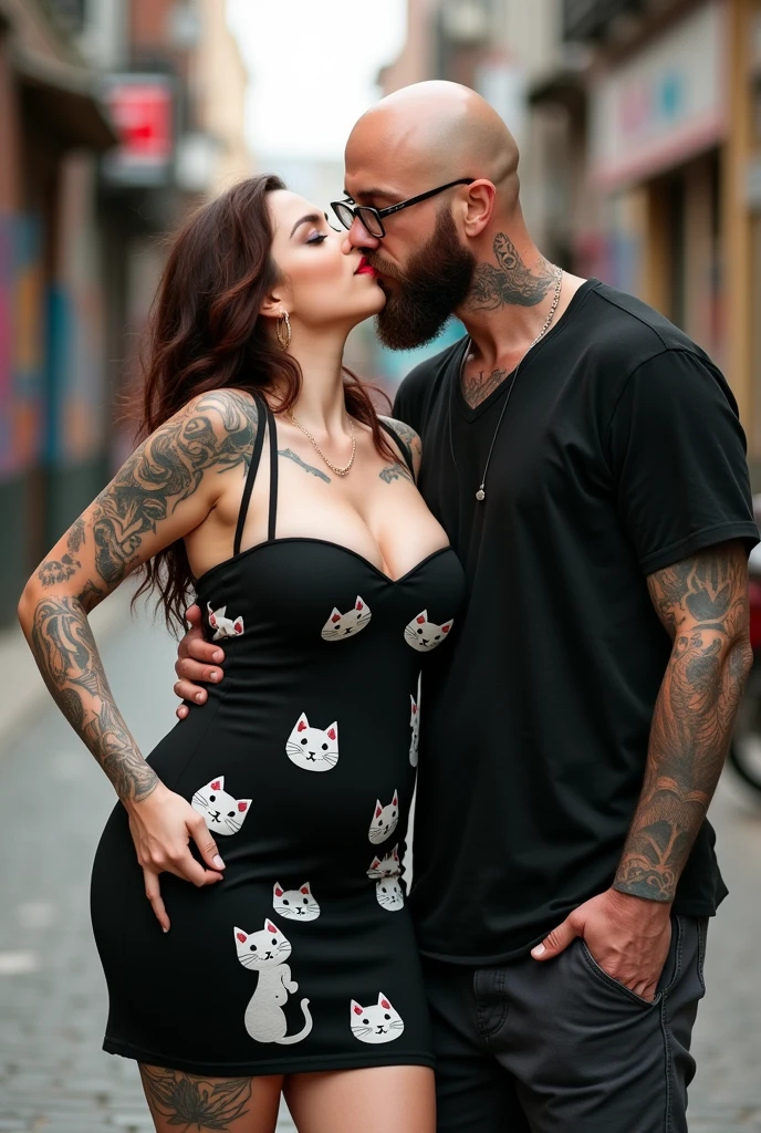 A pale white woman with chocolate colored hair, eyes browns, subtom frio, voluptuous, His stature is short, is wearing a black dress with a print of white kittens, All star therefore, She must be wearing red lipstick, she has tattoos on her arms, she is kissing a bald man with tall stature, ele tem a barba castanha e voluptuous, he wears glasses and has tattoos on his arm and legs, is wearing black shorts and a black shirt 
