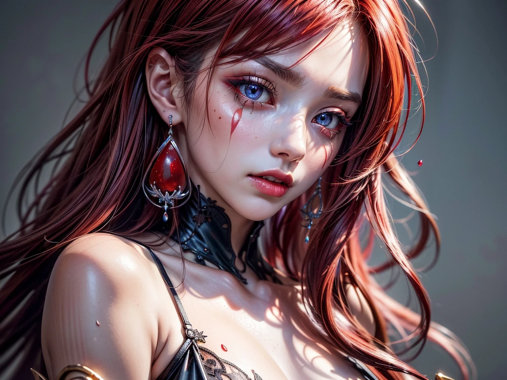 a portrait of vampire with a bloody tear coming down from he eye, an exotic beautiful female vampire, red hair color, dynamic hair style, ultra detailed face, best detailed face, silver eye color, ((1single red teardrop: 1.3)), ((tear drop made from blood)), ((teardrop coming down from the eye: 1.3)), small cleavage, wearing two black diamond earrings, Ultra-high resolution, High Contrast, (masterpiece:1.5), highest quality, Best aesthetics), 16K fantasy art, best details, best quality, highres, (ultra wide angle: 1.2), 16k, [ultra detailed], masterpiece, best quality, (extremely detailed),  Daily-Challenge, FANTASIA
