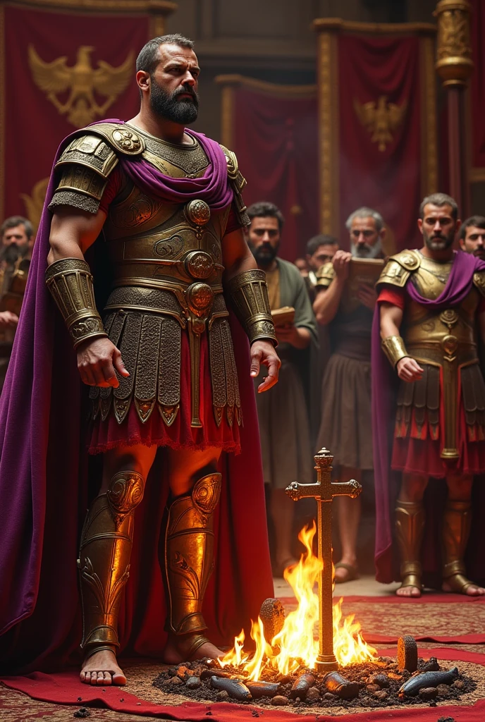 Scenario:
enviroment: The scene takes place in the tent of Emperor Diocletian, set in a scenario of opulence and Roman power. The background of the tent is decorated with rich red and gold fabrics, and there are imperial symbols, like eagles and crowns, representing the authority of Diocletian.
main character:
Emperor Diocletian: At the center, Diocletian is in an authoritative posture. He wears elaborate armor with gold details and a red or purple cloak that denotes his imperial position. His face expresses a combination of determination and coldness, reflecting his intention to eliminate Christians.
Action and Intention:
Destruction of Christian Symbols: Instead of an altar with offerings, there is a small altar burning or destroyed, with Christian symbols (like the Christian fish or the cross) burning or being destroyed. This symbolizes the persecution and attempt to eradicate the Christian faith.
Roman soldiers: Roman soldiers may be present, with expressions of loyalty and readiness to act according to the emperor's orders. They may be organizing documents or equipment that represents the persecution.